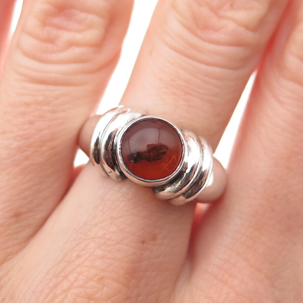 925 Sterling Silver Vintage Real Amber Modernist Oxidized Ring Size 7